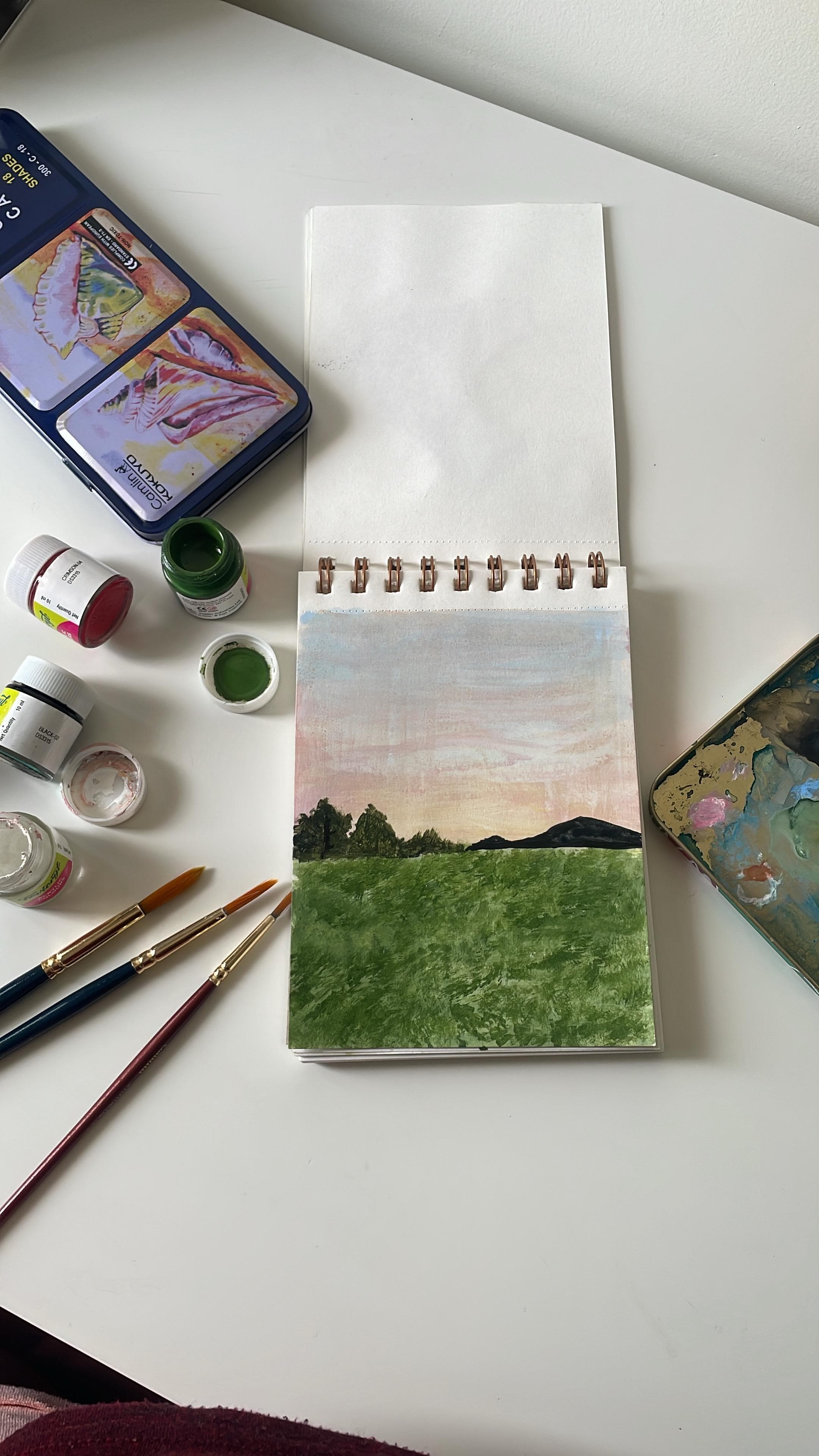 A green field beneath a pale pink and blue sky painted in a spiral sketchbook, surrounded by paint jars, brushes, and palettes.