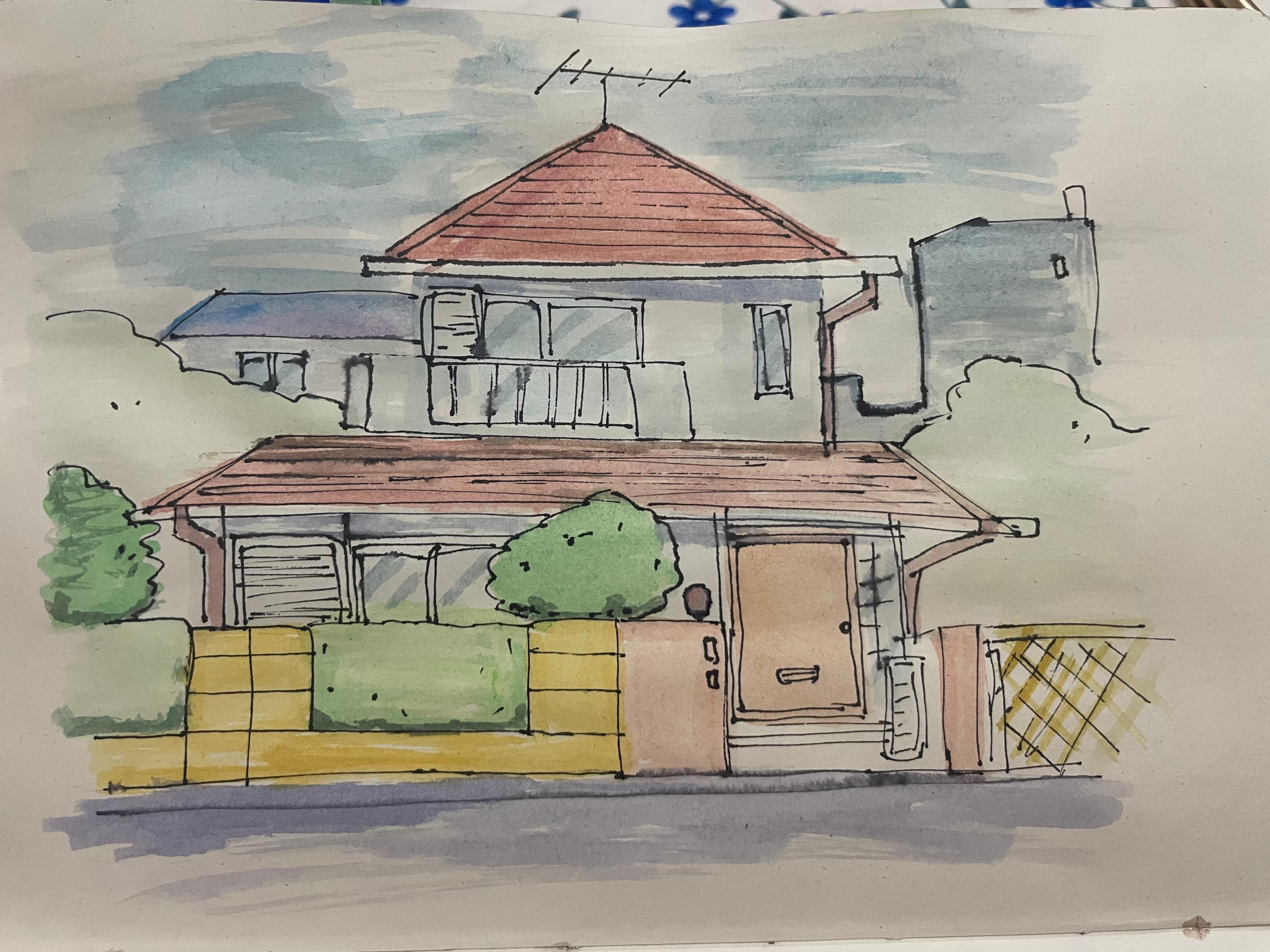 A watercolour and ink study of a two-storey house with a red roof, green hedge, and ochre front wall.